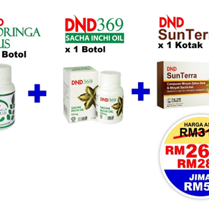 PAKEJ 3 SERANGKAI – DND369 E Sacha Inchi Oil Softgel (1 Botol) – DND Moringa Plus (1 Botol) – DND Sunterra Sachet (1 Kotak)